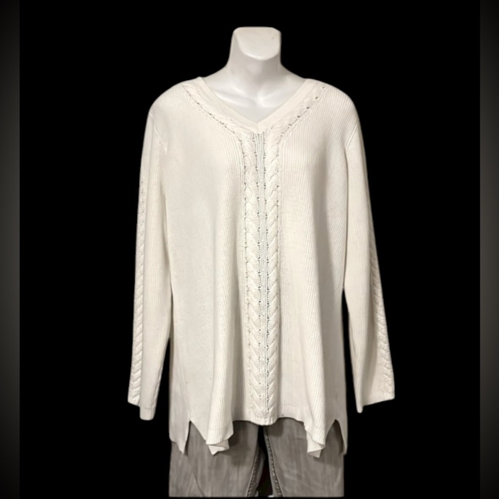 Avenue Women’s White V-Neck Cable-knit Ribbed Long Sleeve Tunic Sweater Sz 18/20